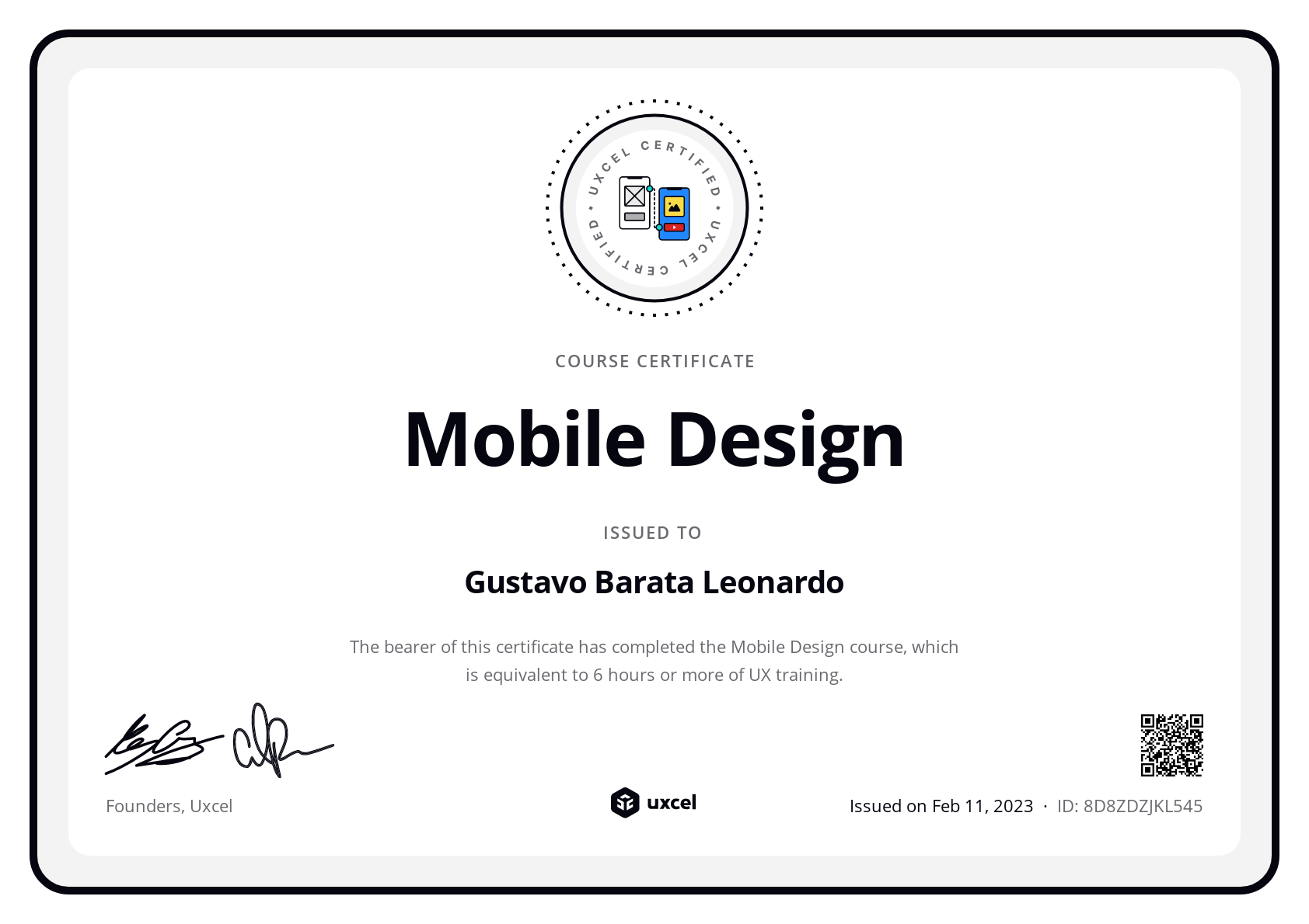 Gustavo Barata Leonardo's certificate